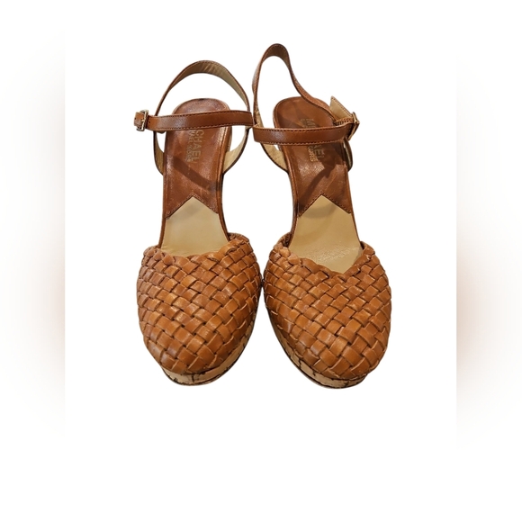 Michael Kors SZ 7 Caramel Woven Leather Cork 4" Heel Closed Toe Ankle Strap Shoe - Picture 2 of 11